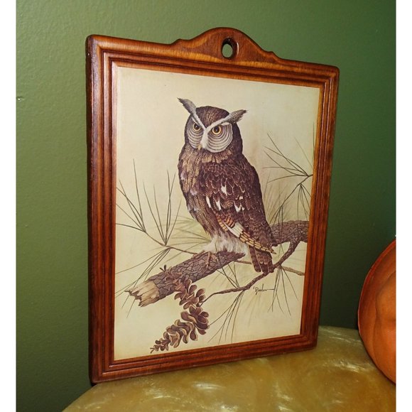 Vintage E Rambow Great Horned Owl Art on Wood Wall Hanging bird of prey plaque - Picture 2 of 10